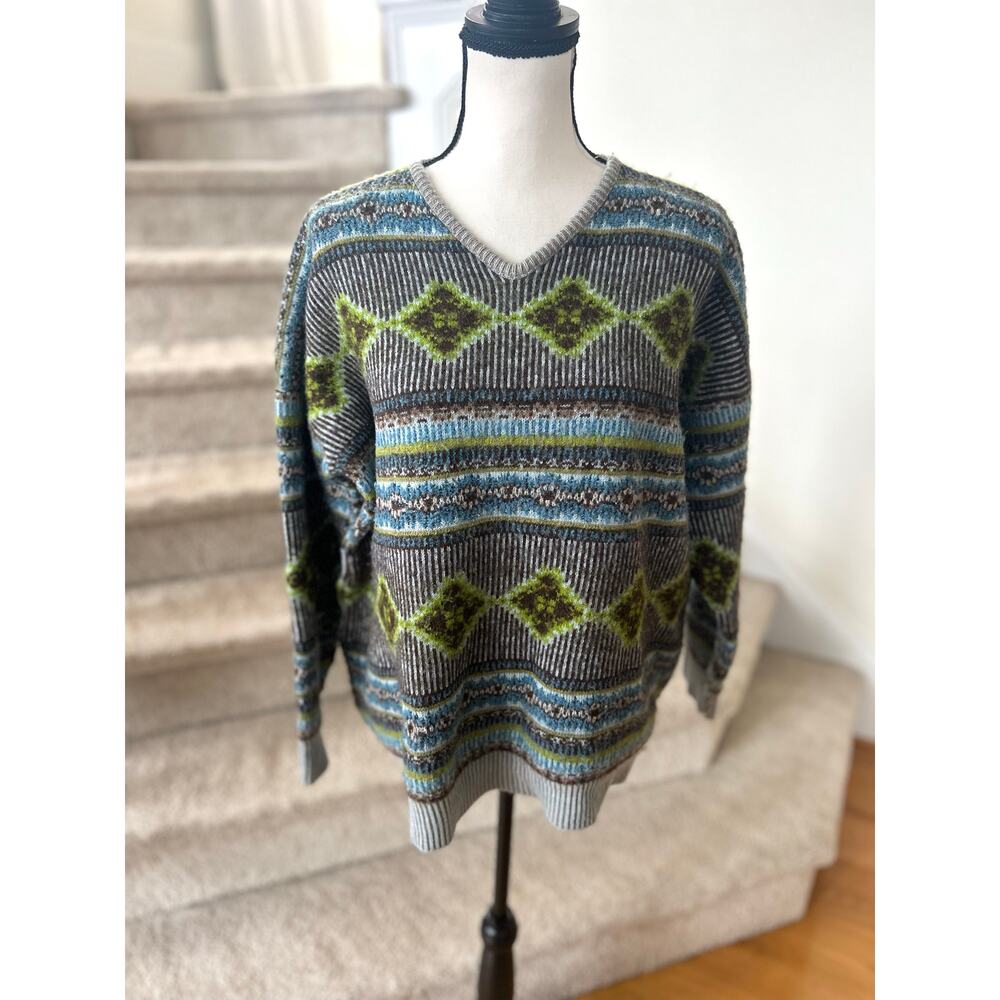 Oilily Blue Green Brown Fair Isle V-Neck Long Sleeve Cozy Sweater Gorpcore